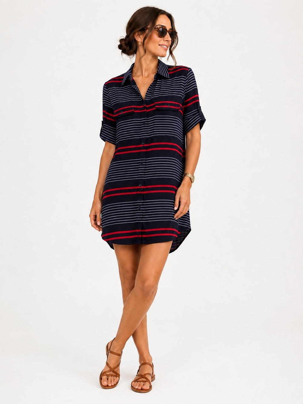 100% Silk Equipment Femme Striped Shirt Dress Navy Red Purple
